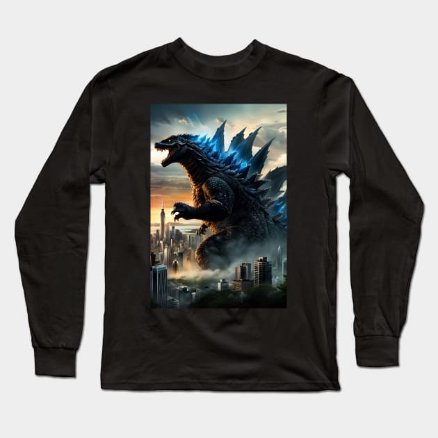 Godzilla fighting aliens Long Sleeve T-Shirt by miamia